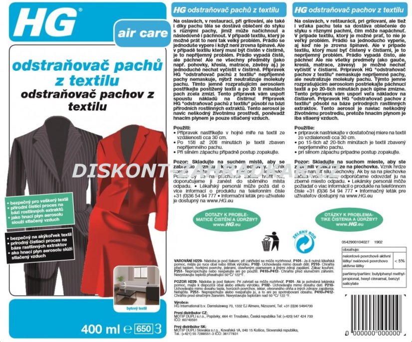 HG 42904 Odstraňovač pachů z textilu 400ml