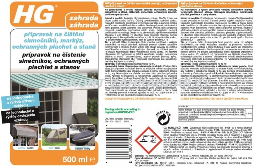 HG 61505 Přípravek na čištění slunečníků, markýz, ochranných plachet a stanů 500ml